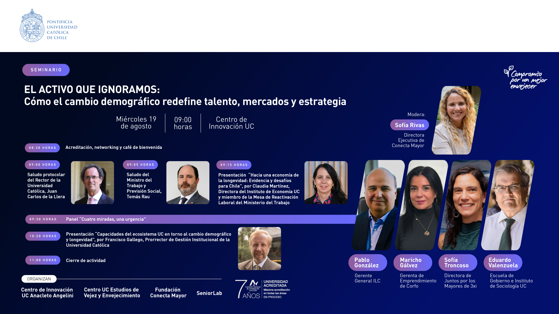 Programa del seminario «El activo que ignoramos: cómo el cambio demográfico redefine talento, mercados y estrategia». Miércoles 19 de agosto, 09:00 horas, Centro de Innovación UC.